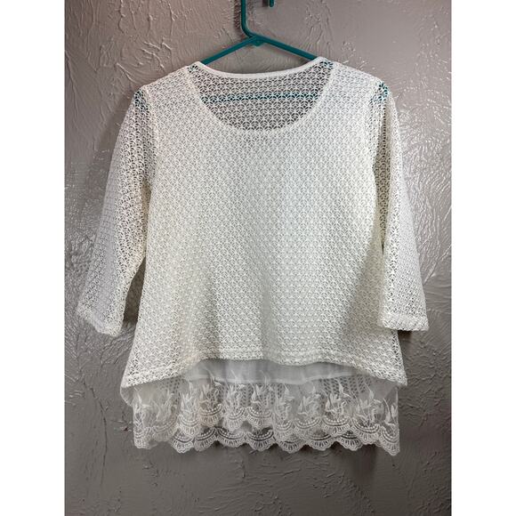Live And Let Live Top Tunic White Gauze Crochet Shirt Hippie LS Petite Size‎ PM - Picture 3 of 4